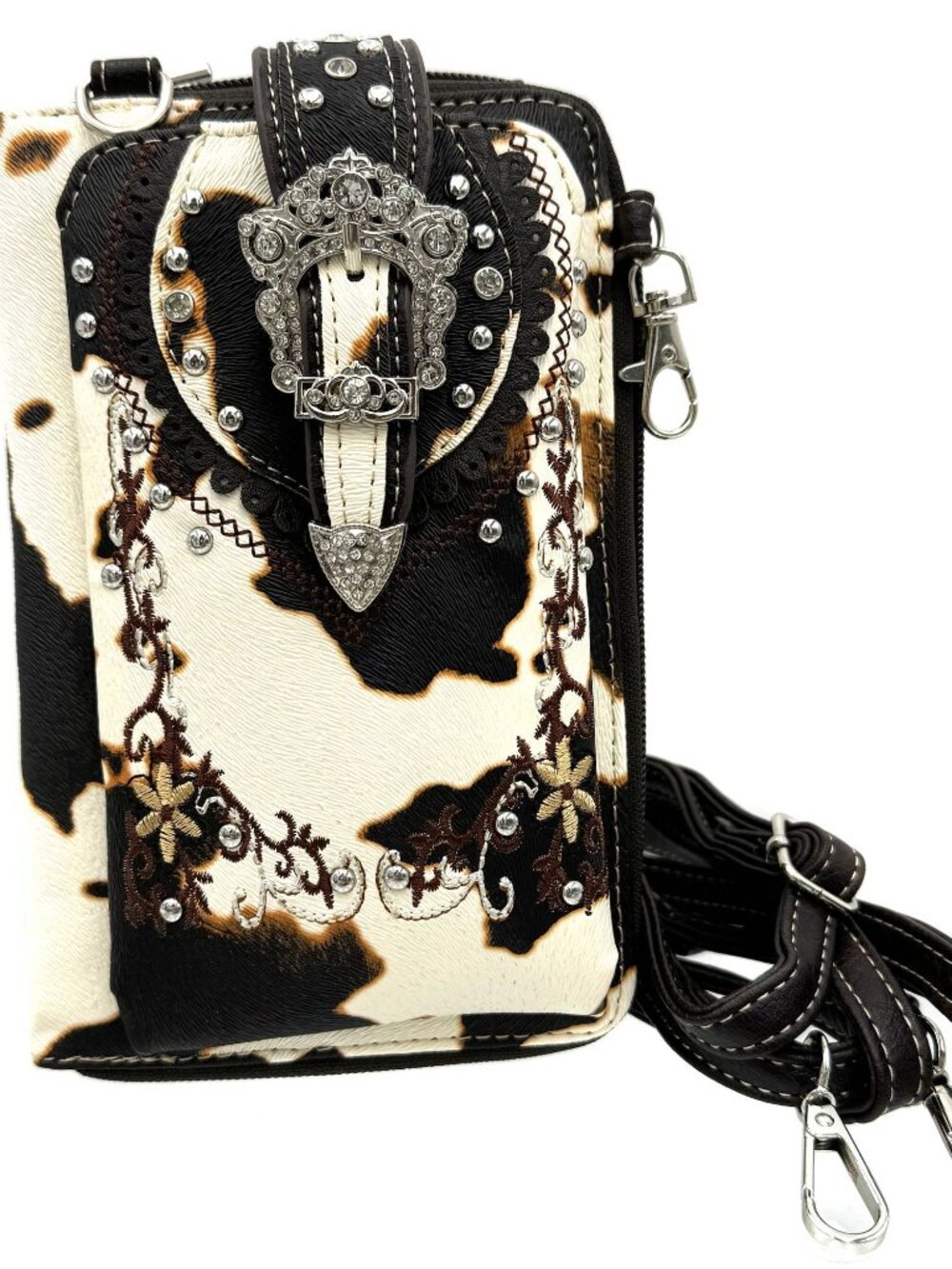 NWT Crown Buckle Brown Cow Print Floral Western Phone Crossbody Wallet